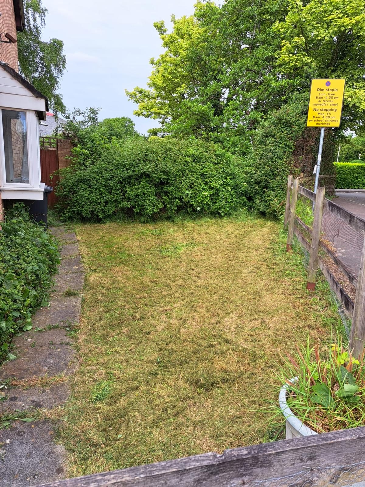 Overgrown grass verge and worn boundary fence before groundworks